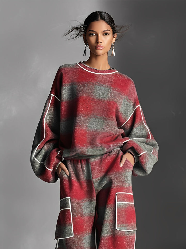 Stylish women's graphic print two-piece set for casual comfort. Ideal lounge wear or chic streetwear outfit.
