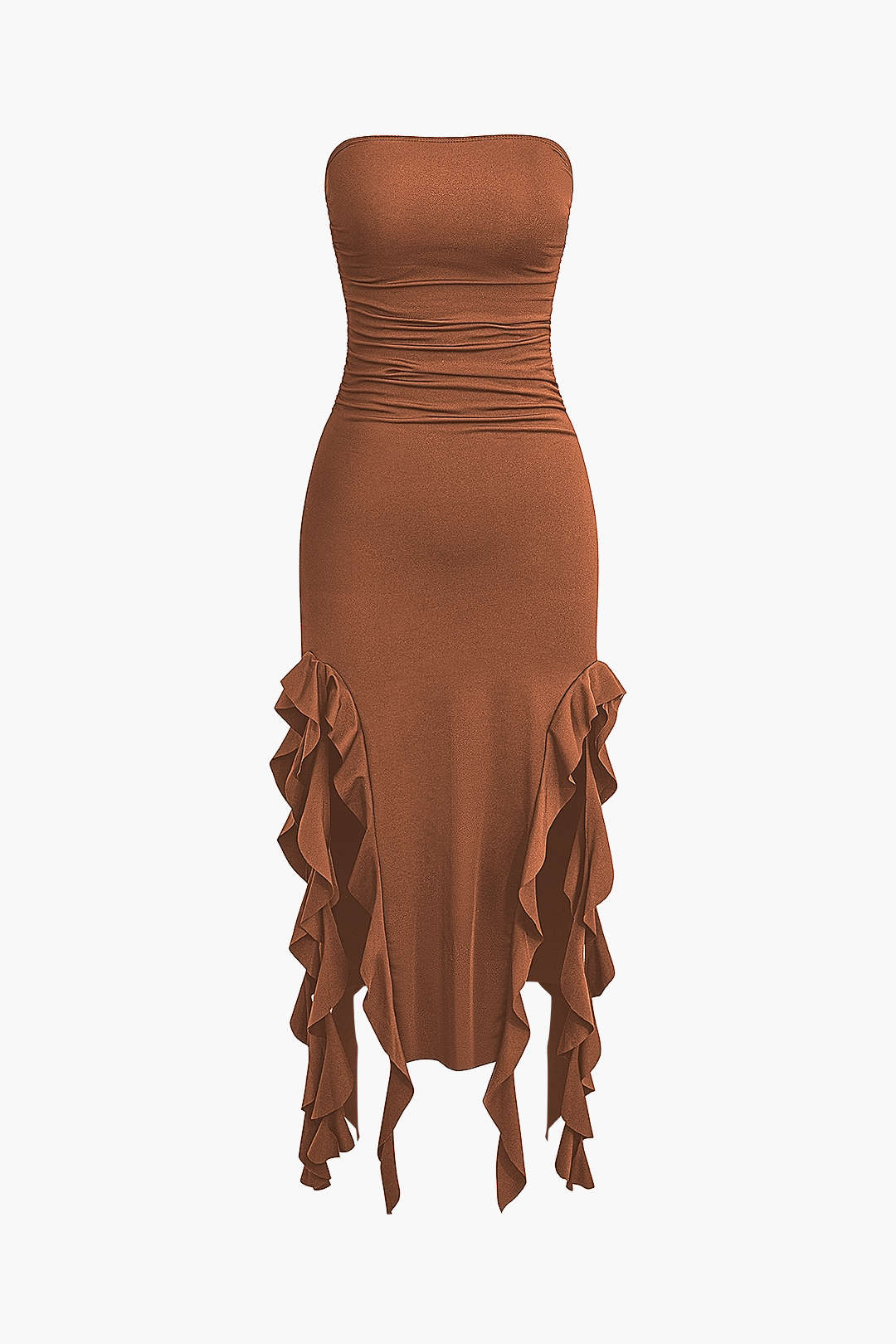 Elegant women's strapless dress, midi length, bodycon style, finished with a beautiful fringe hem.