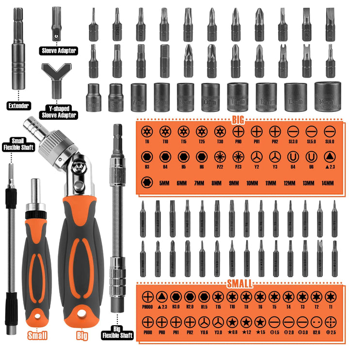 "68-in-1 ratchet screwdriver set with 68 bits, chrome-vanadium steel, ergonomic handle, in a compact storage box."