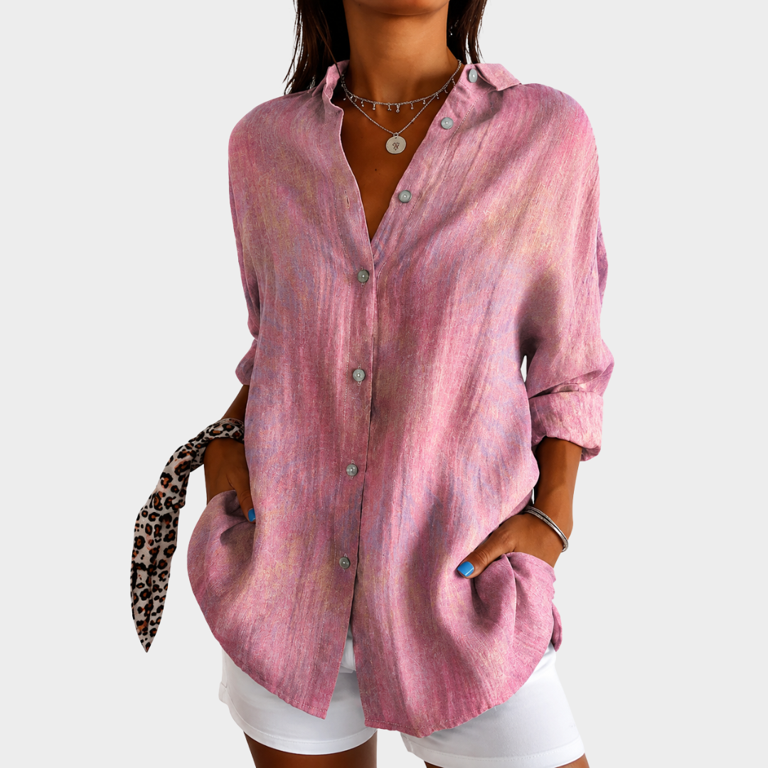 Women's blush whisper everyday blouse with a relaxed fit. Elegant & comfortable for spring/summer casual wear.