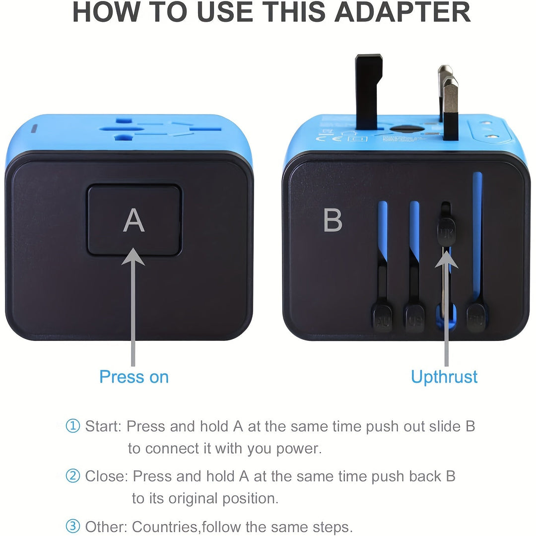 Safe universal travel adapter with 4 USB & Type-C ports. Fast charger for multiple devices worldwide.