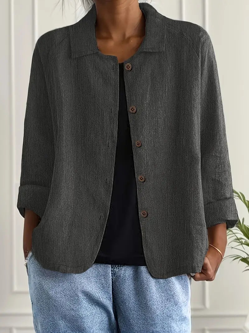Feminine women's versatile collared three-quarter sleeve button-down blouse, spring/fall fashion.