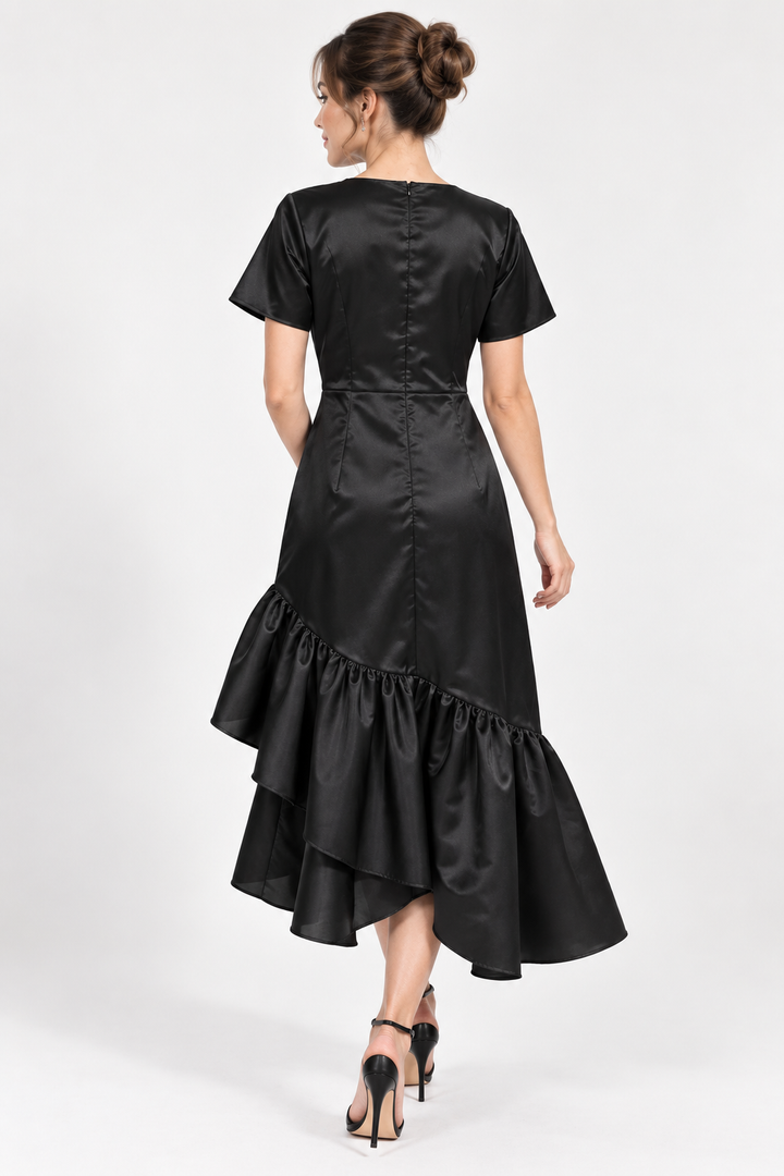 Chic black tailored midi dress with elegant ruffles & asymmetric hem, suitable for evening gowns.