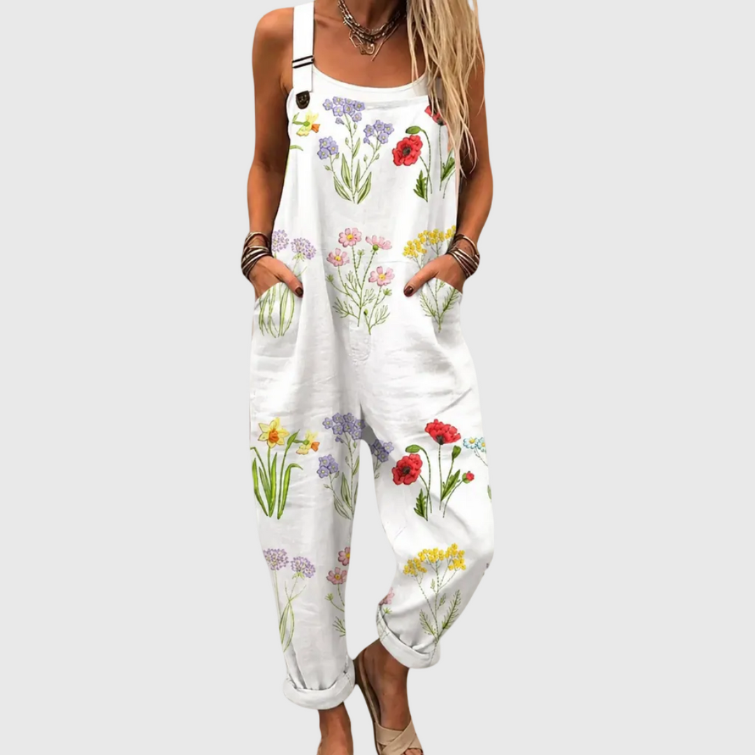 Women's comfortable printed loose-fit overalls, perfect for casual spring & summer fashion with adjustable straps.