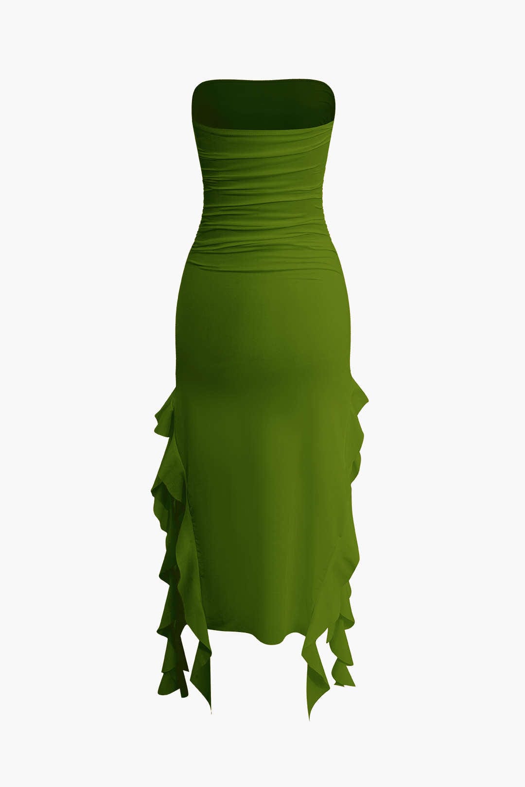 Chic women's strapless bodycon dress, midi length, featuring an intricate fringe hem.