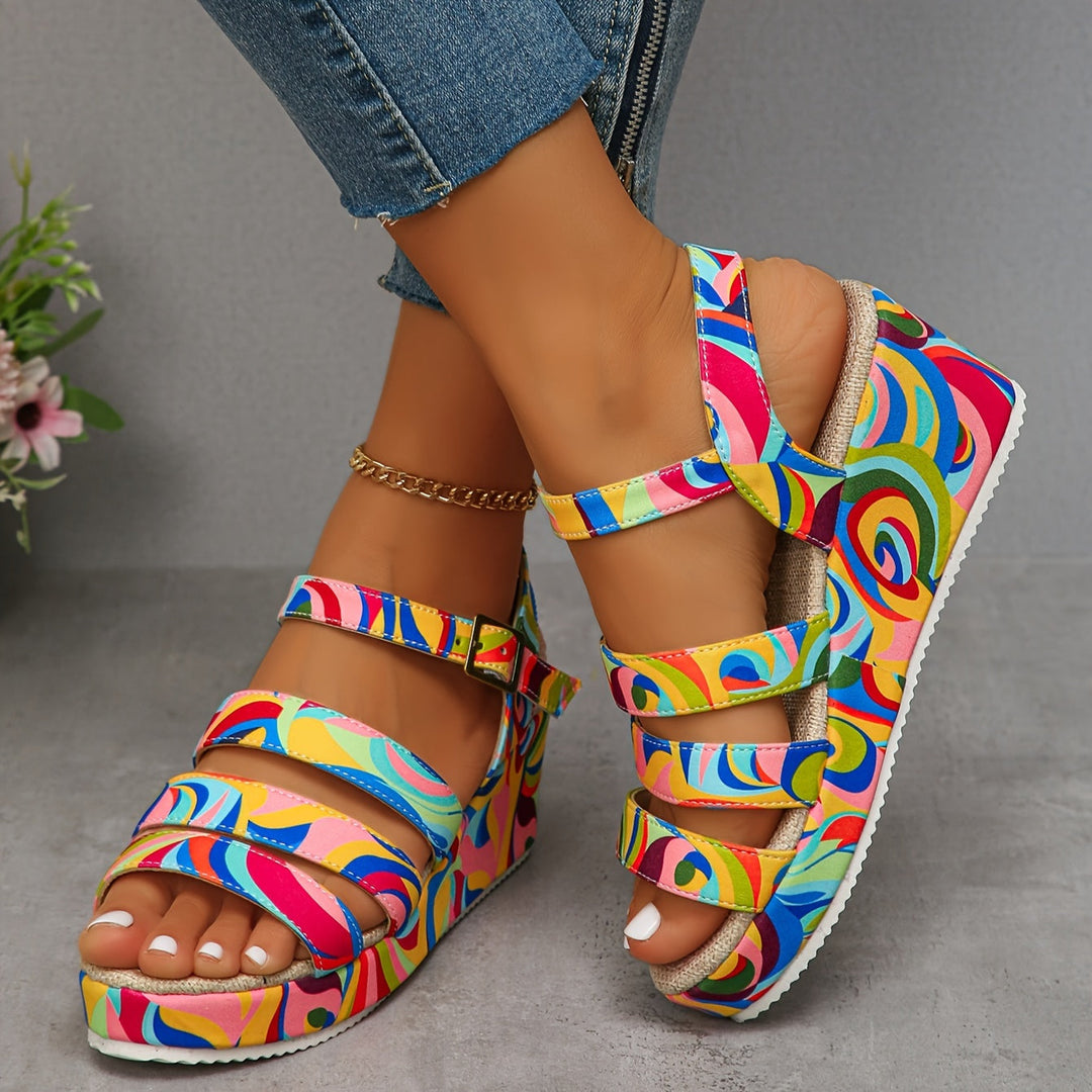 Fashionable women's multicolour wedge platform sandals, ideal holiday footwear with comfortable ankle strap.