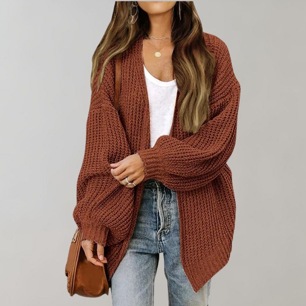 Elegant women's open knit cardigan featuring stylish bishop sleeves for a versatile fall layer.