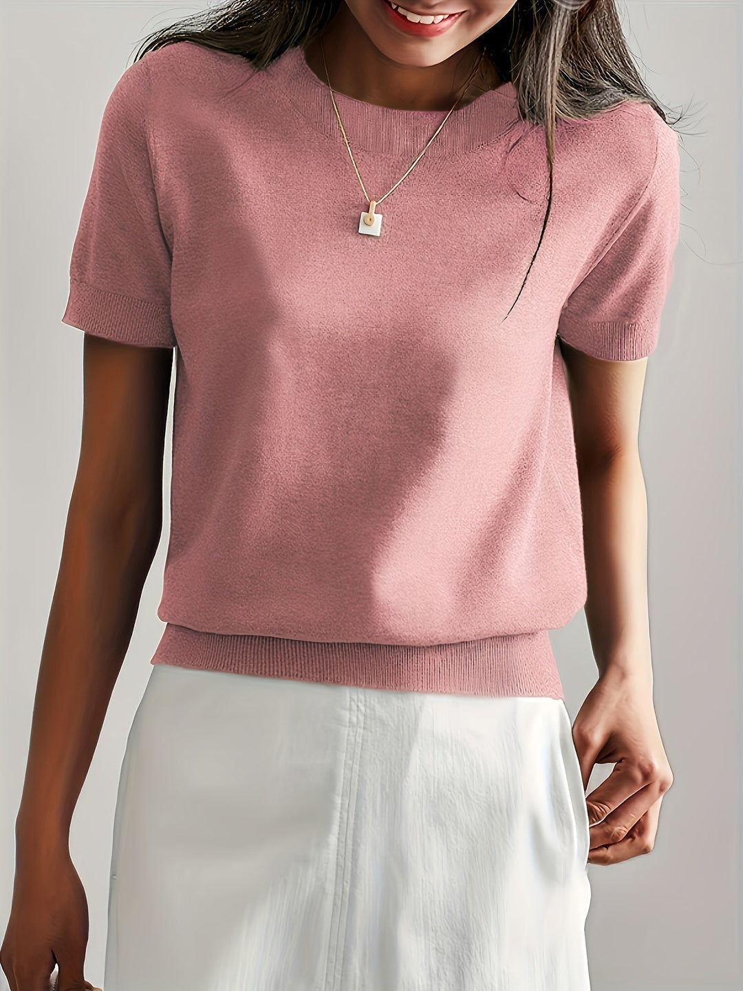 Casual women's short sleeve soft knit top, ultimate comfort for everyday style, all seasons.