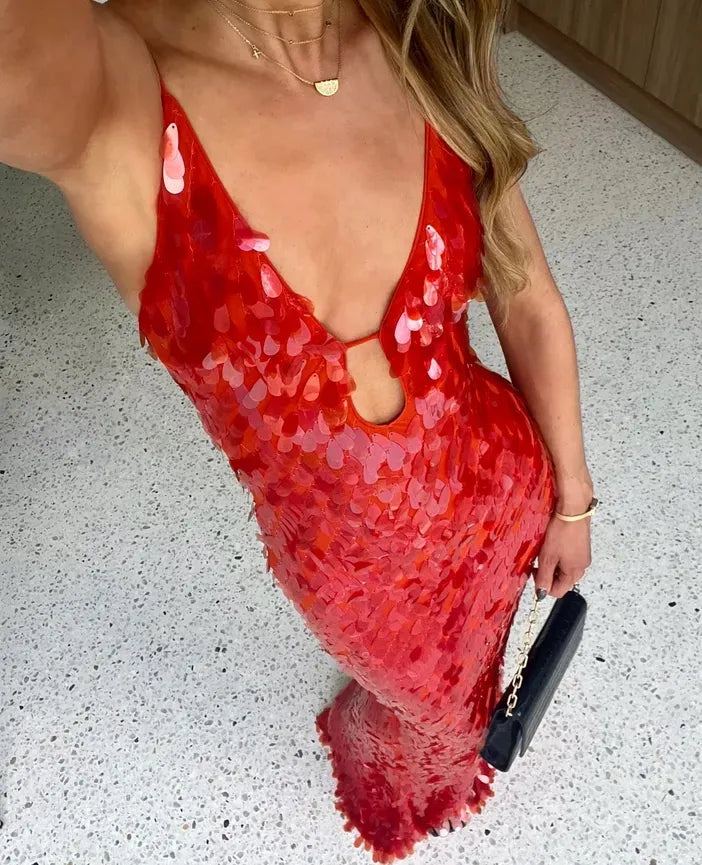 Women's formal red sequin maxi gown, stunning for special events, parties, and galas.