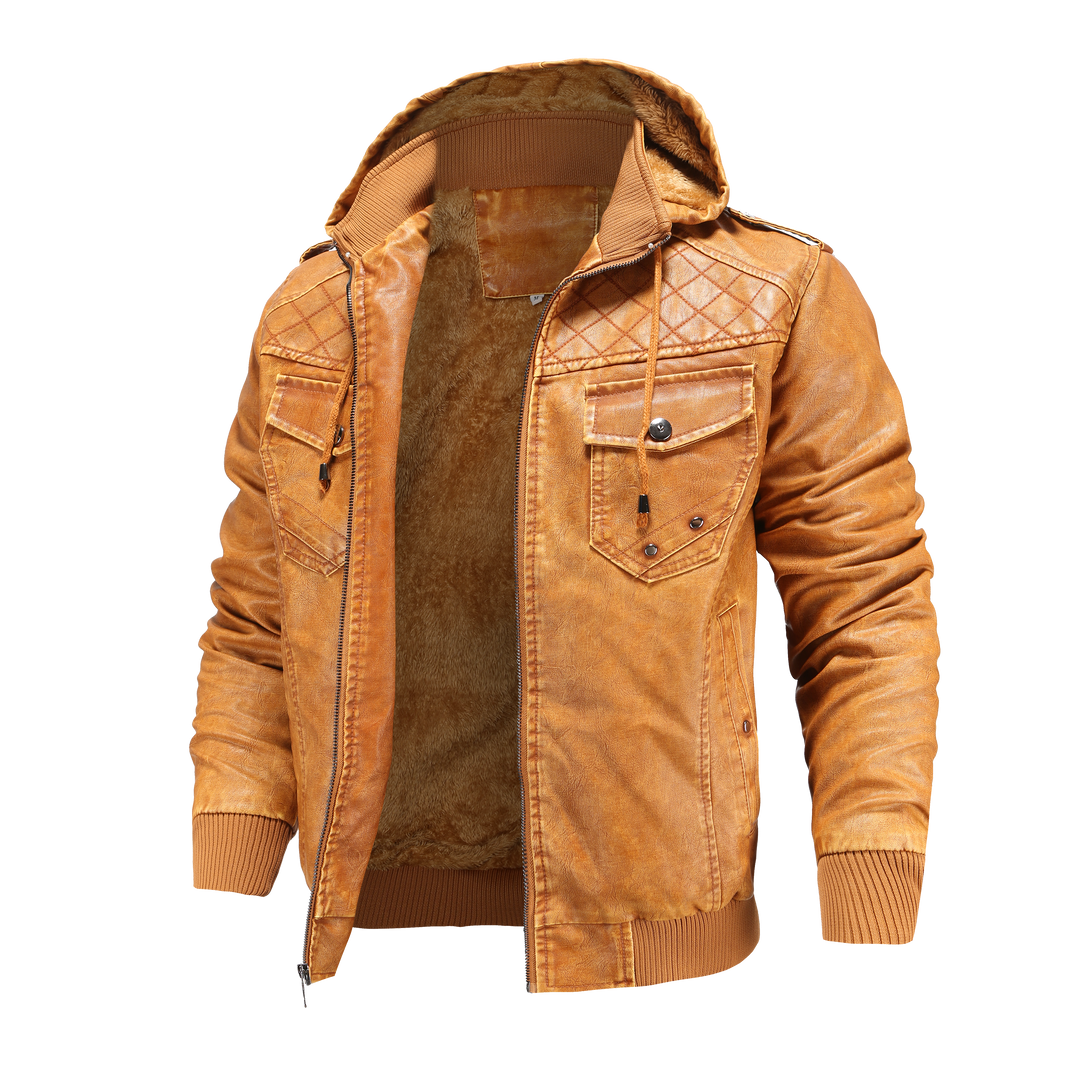 Casual men's hooded bomber jacket, a versatile fall & winter outerwear piece with distinctive quilted shoulder design.