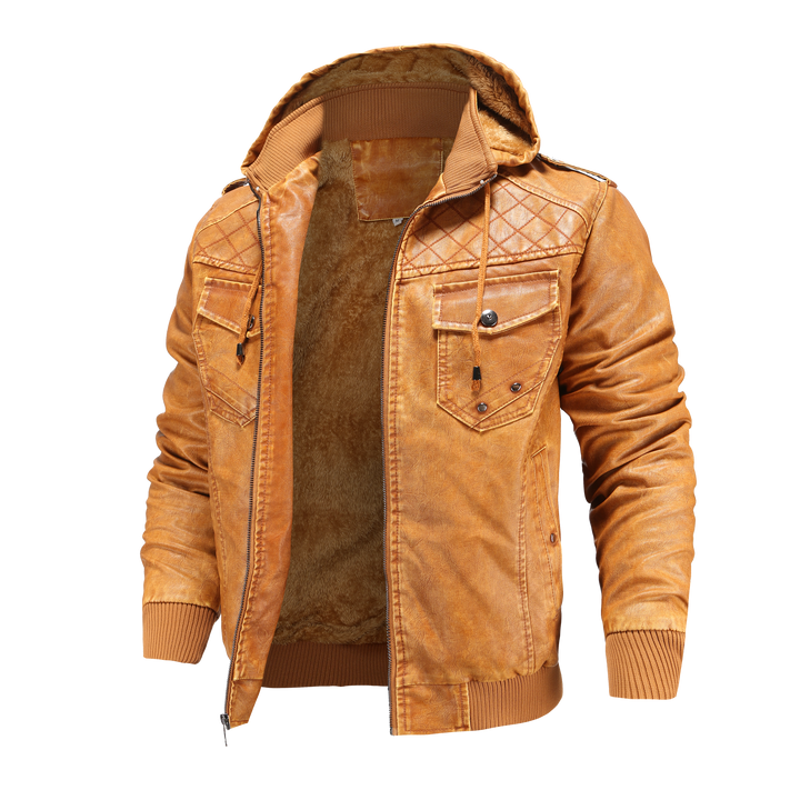 Casual men's hooded bomber jacket, a versatile fall & winter outerwear piece with distinctive quilted shoulder design.