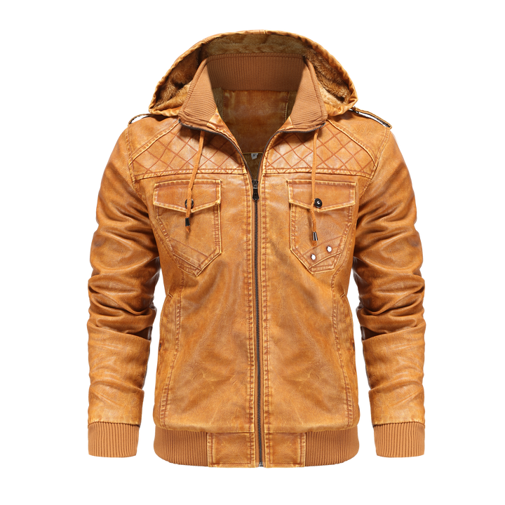 Modern men's zip-up bomber jacket with a comfortable hood, showcasing fashionable quilted shoulders for urban style.