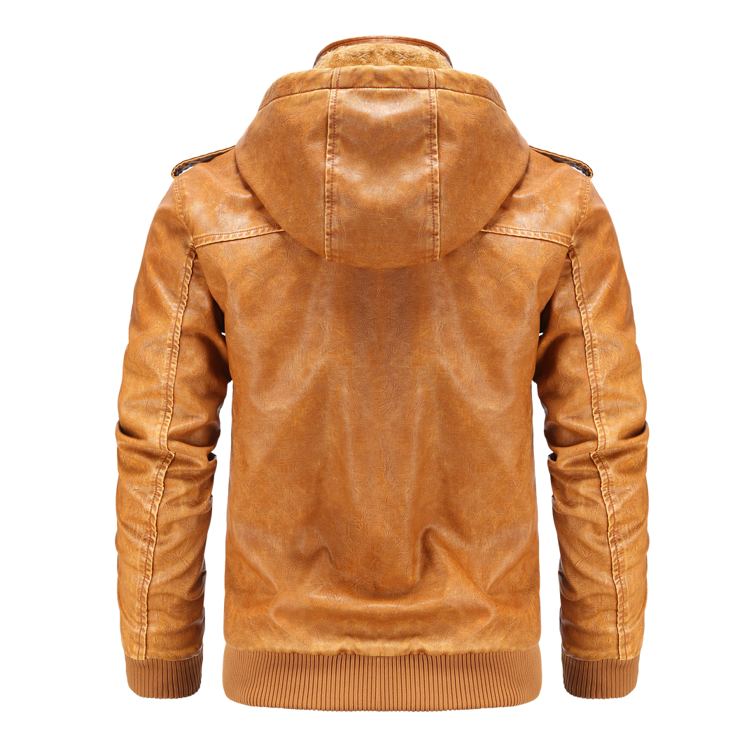 Front view of a men's stylish black hooded bomber jacket, featuring prominent quilted shoulders and ribbed cuffs.