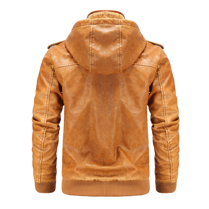 Front view of a men's stylish black hooded bomber jacket, featuring prominent quilted shoulders and ribbed cuffs.