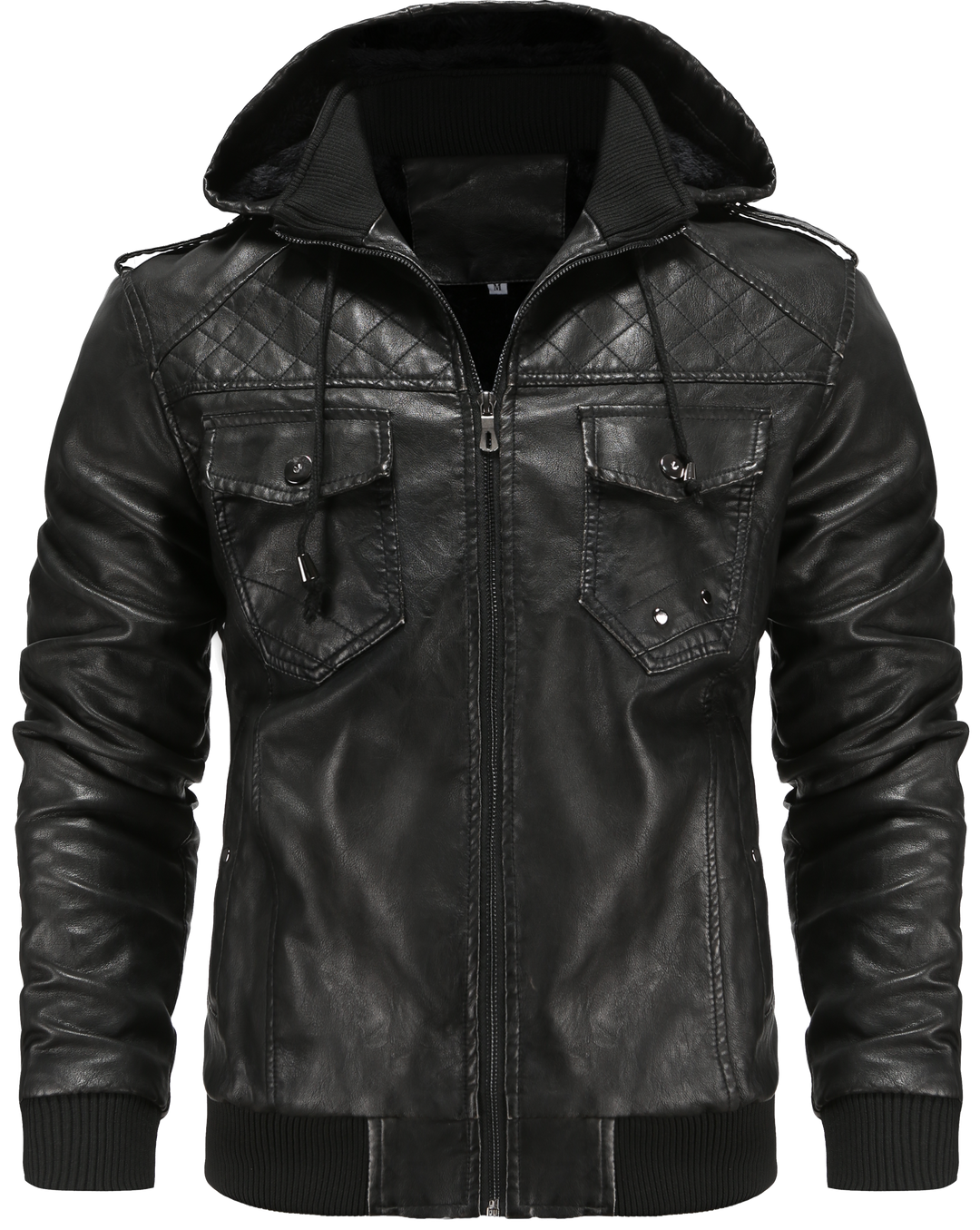 Men's black hooded bomber jacket with stylish quilted shoulders, perfect for urban fall fashion and warmth.