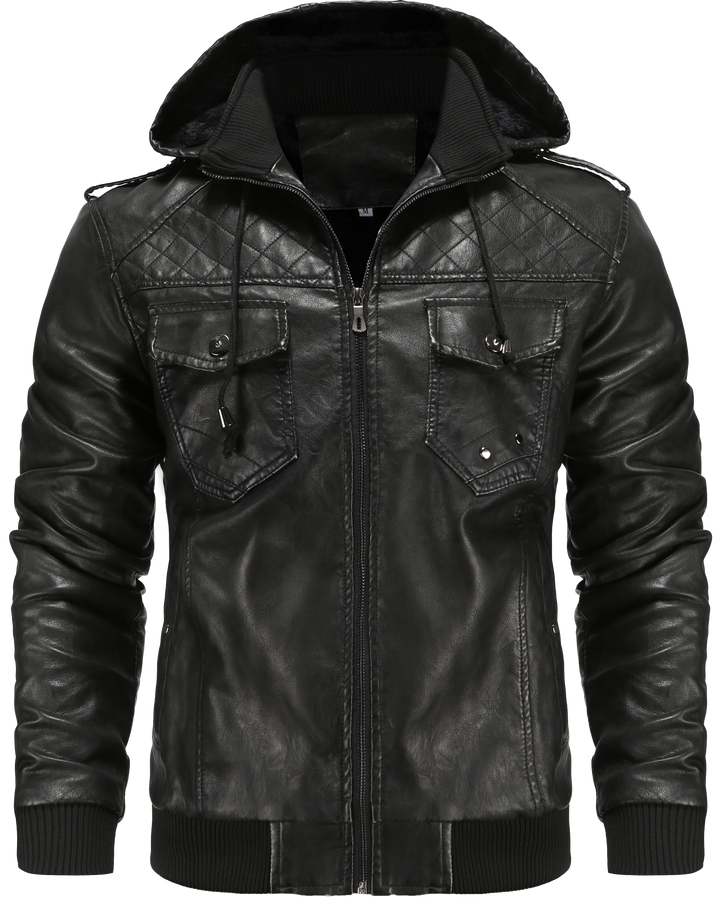 Men's black hooded bomber jacket with stylish quilted shoulders, perfect for urban fall fashion and warmth.