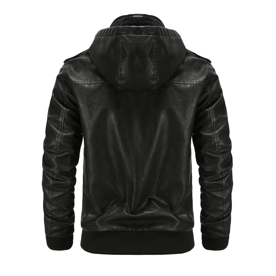 Durable men's hooded bomber jacket, ideal for winter. Features a sleek design with unique quilted shoulder detail.