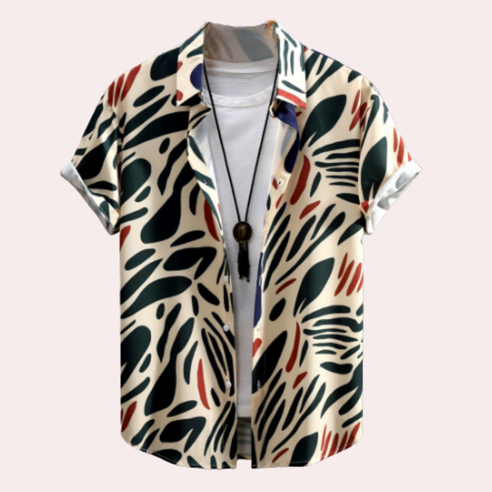 Men's relaxed fit short sleeve shirt with unique abstract beige print, perfect for summer casual wear & fashion.