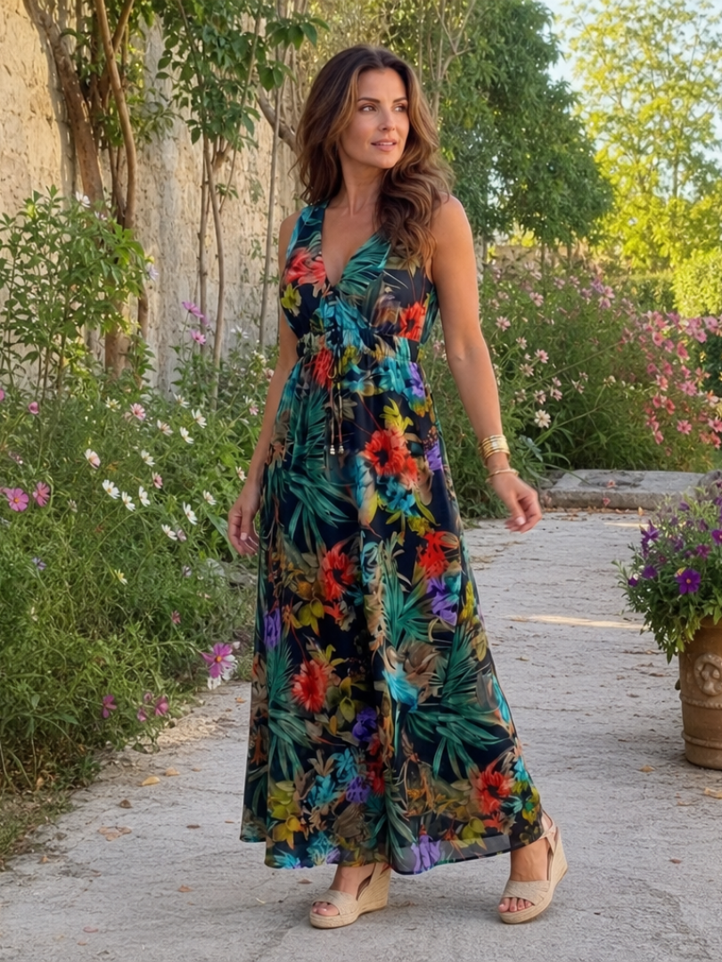 Chic women's sleeveless midi dress, empire waist, with a beautiful tropical pattern, great for summer fashion.