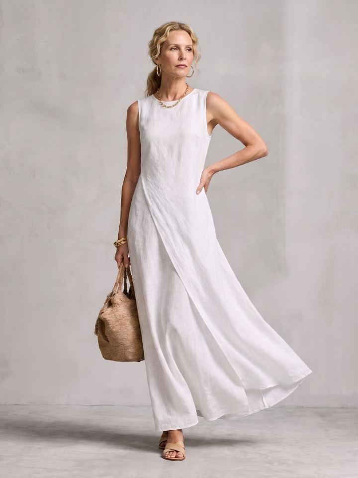 Beautiful flowy women's maxi dress with elegant asymmetric layers, a comfortable and stylish choice.