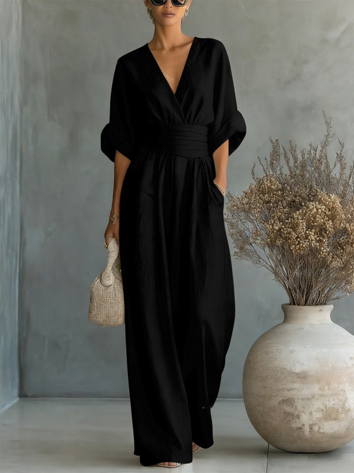 Classic V-neck women's jumpsuit, combining elegant workwear with comfortable casual fashion.