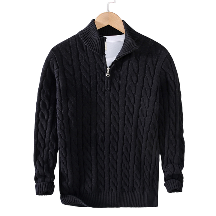 Elegant men's long sleeve quarter zip sweater, a versatile cable knit top for modern men's fashion.