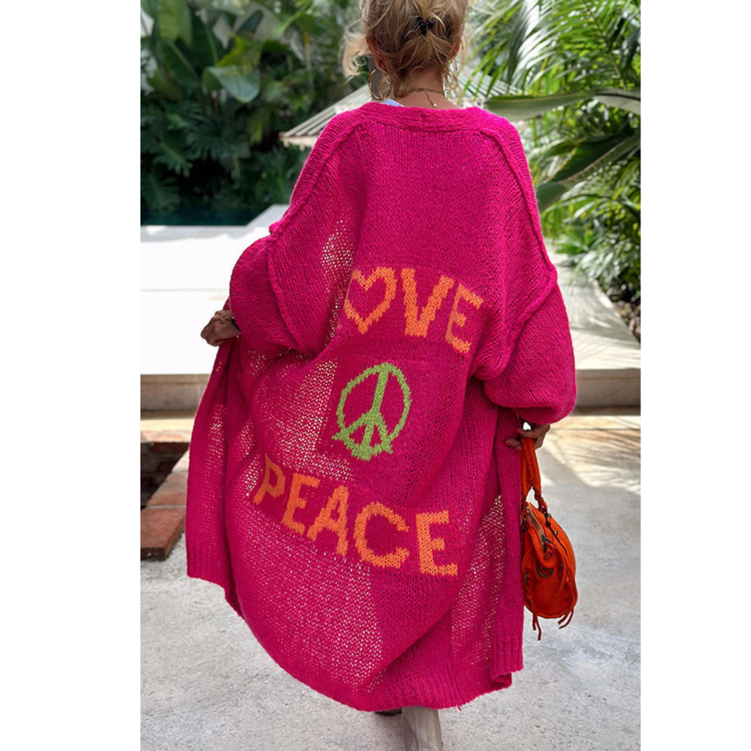 Cozy women's long sleeve peace cardigan. Hippie vibe, bohemian fashion, ideal for casual layering or festivals.