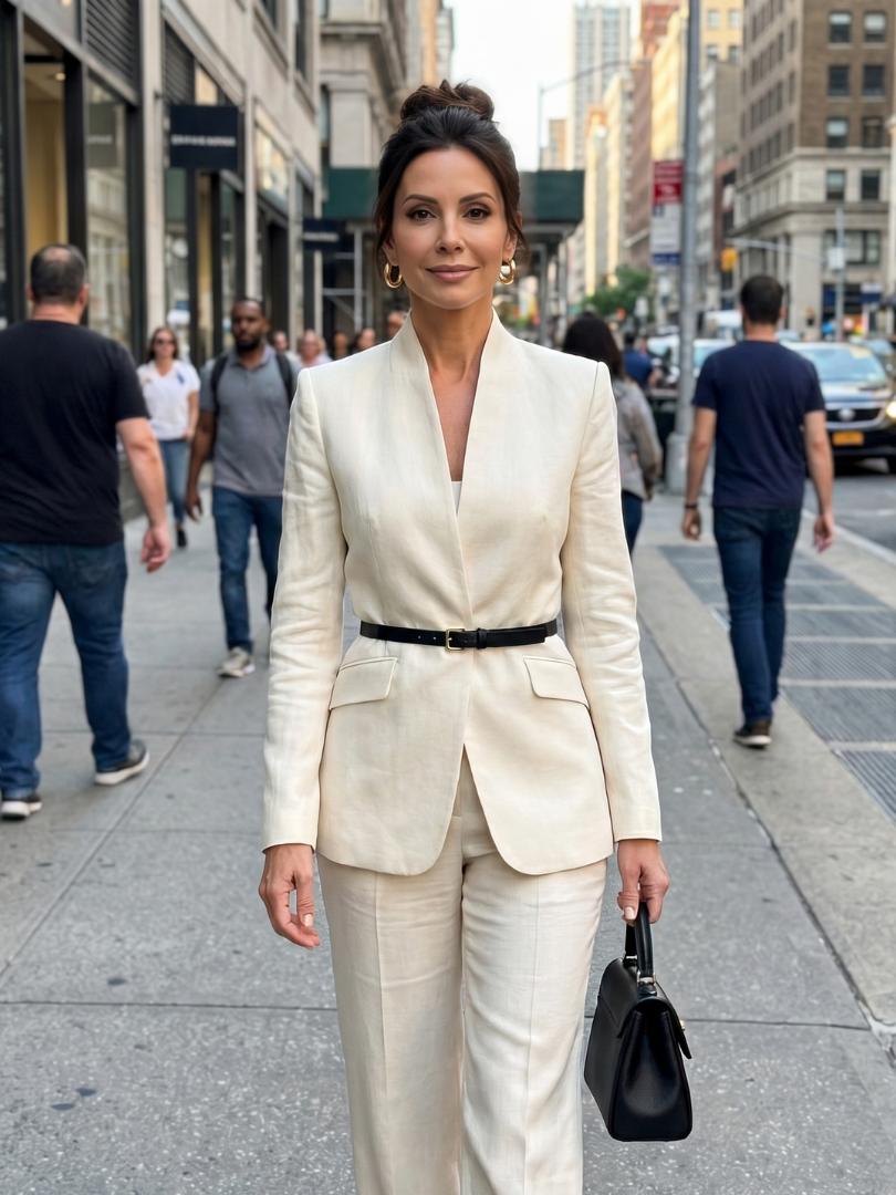 Sophisticated women's business suit, featuring a stand collar blazer and tailored flared trousers.