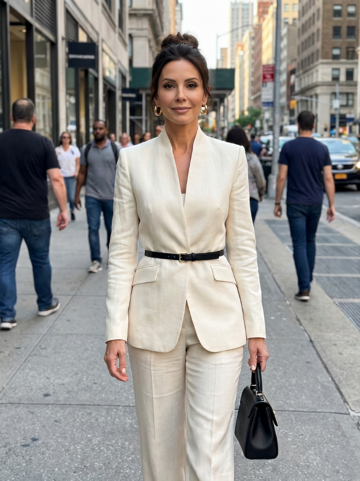 Sophisticated women's business suit, featuring a stand collar blazer and tailored flared trousers.