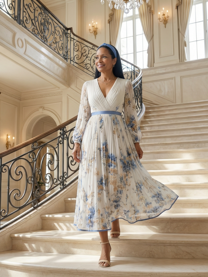 Women's elegant white floral pleated wrap midi dress, featuring long sleeves, a flattering V-neck, perfect for any occasion.