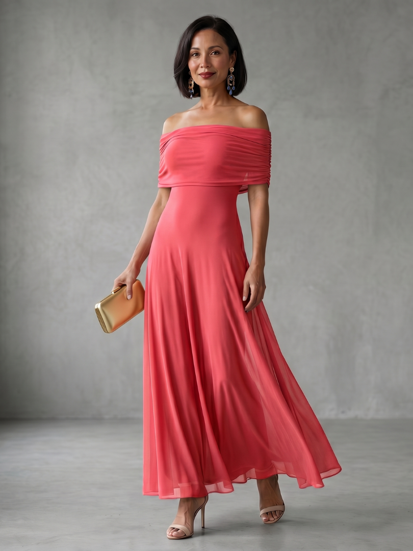 Formal women's off-shoulder midi dress in a vibrant hue, draped for a flattering, chic look.
