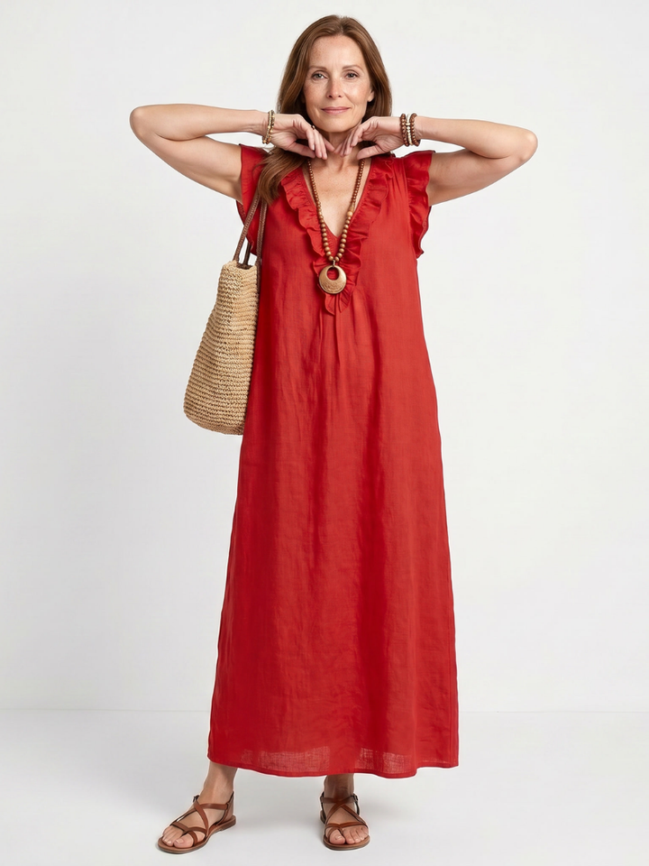 Women's casual midi dress, sleeveless, featuring flattering V-neck and ruffle accents.