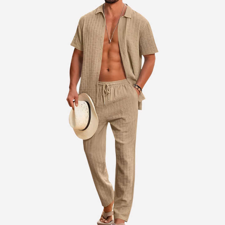 Warm weather men's co-ord set with a stylish textured shirt and comfy relaxed trousers.