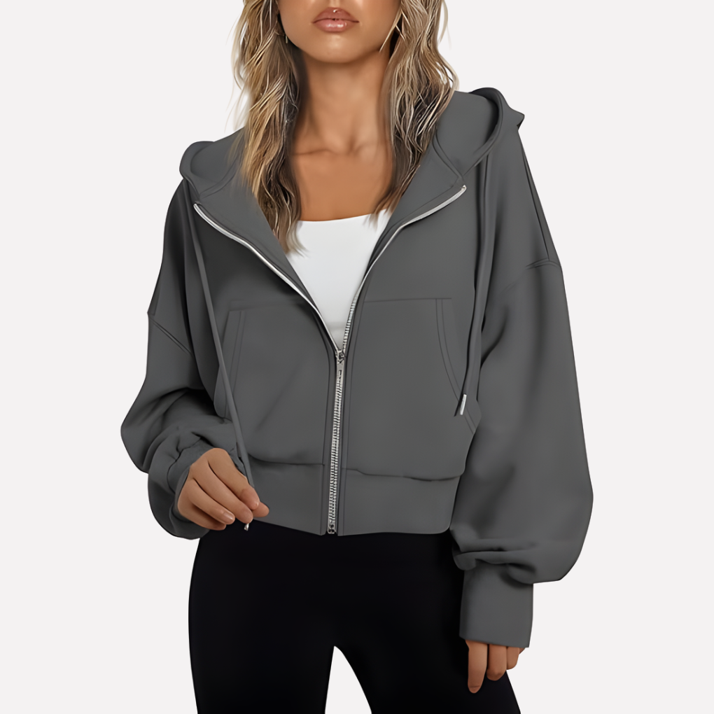 Women's modern cropped hoodie, zip-up design with a comfortable relaxed fit.
