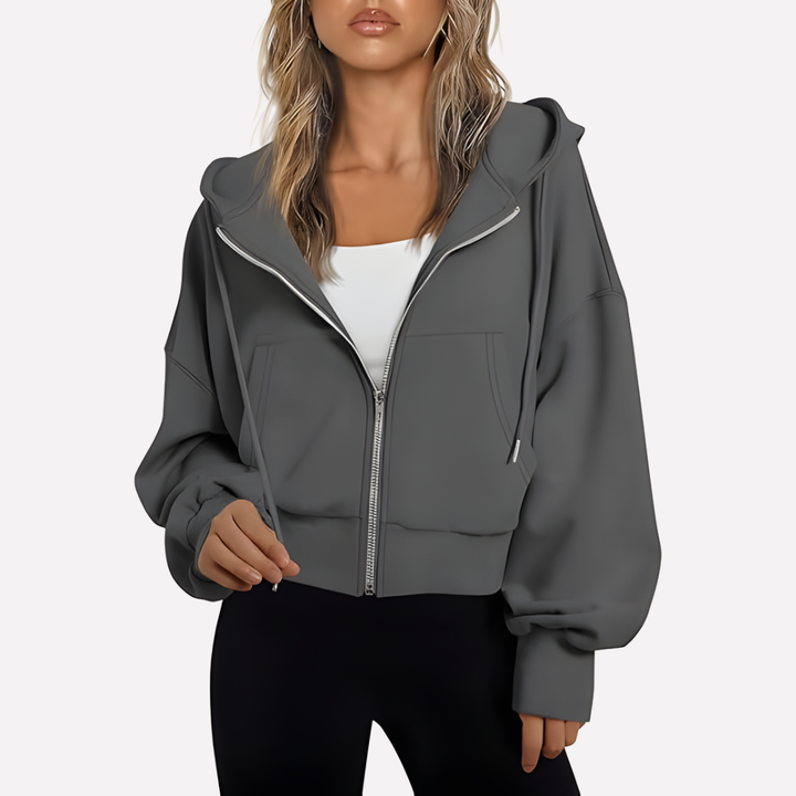 Women's modern cropped hoodie, zip-up design with a comfortable relaxed fit.