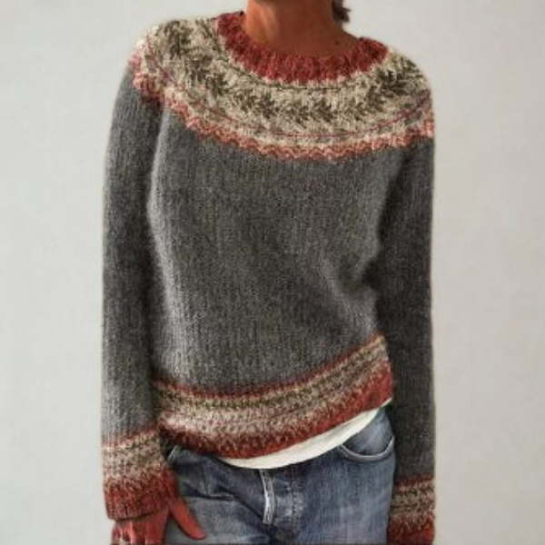 Women's comfortable vintage-style jumper. Multi-color long-sleeve knit, perfect retro fashion for cozy autumn days.
