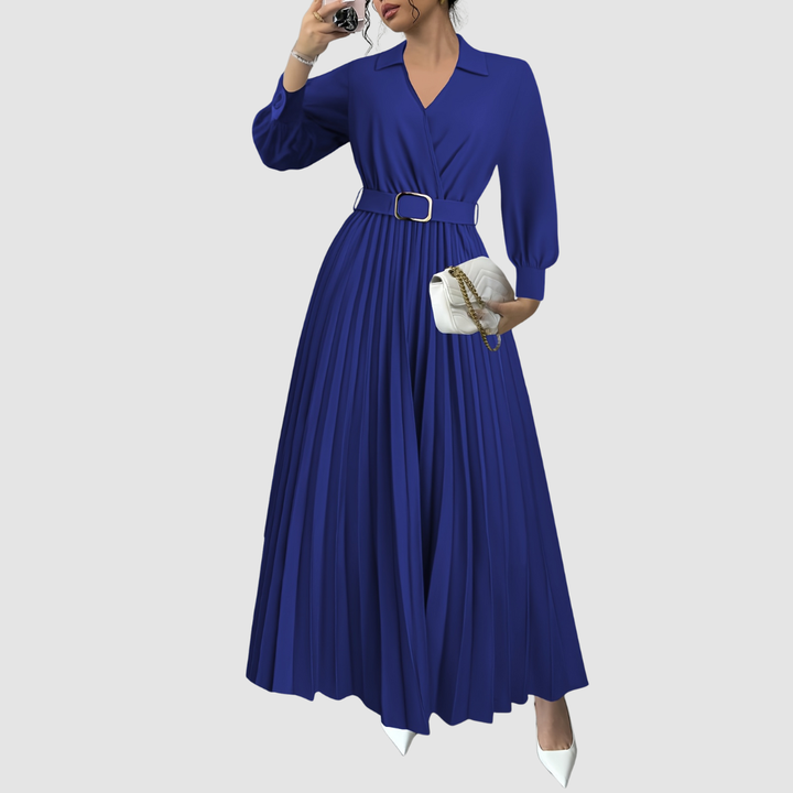 Versatile women's elegant pleated V-neck dress. Long sleeve midi design, suitable for formal occasions.