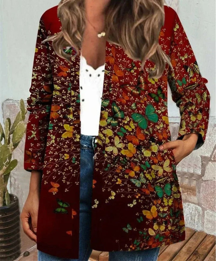 Dynamic women's vibrant jacket, a casual boho style with an intricate, colorful pattern, perfect for everyday wear.
