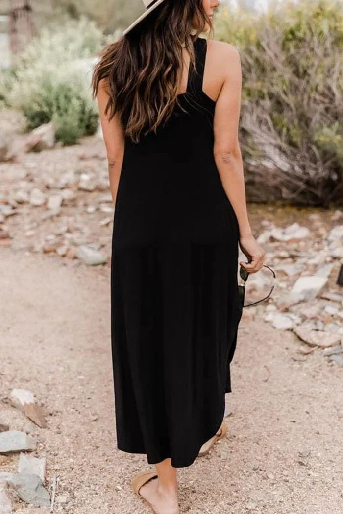 Women's versatile strapless midi dress for summer, styled casually for everyday elegance & comfort.