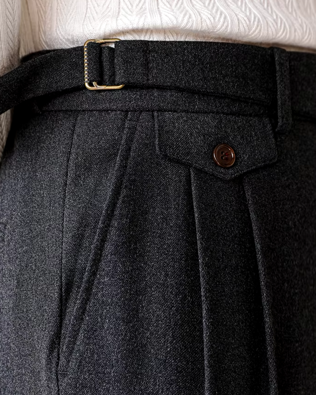 Fall/Winter men's classic black pleated trousers, straight fit. Adjustable waist pants, versatile style.