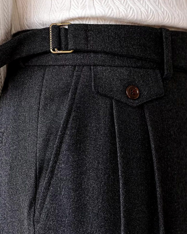 Fall/Winter men's classic black pleated trousers, straight fit. Adjustable waist pants, versatile style.