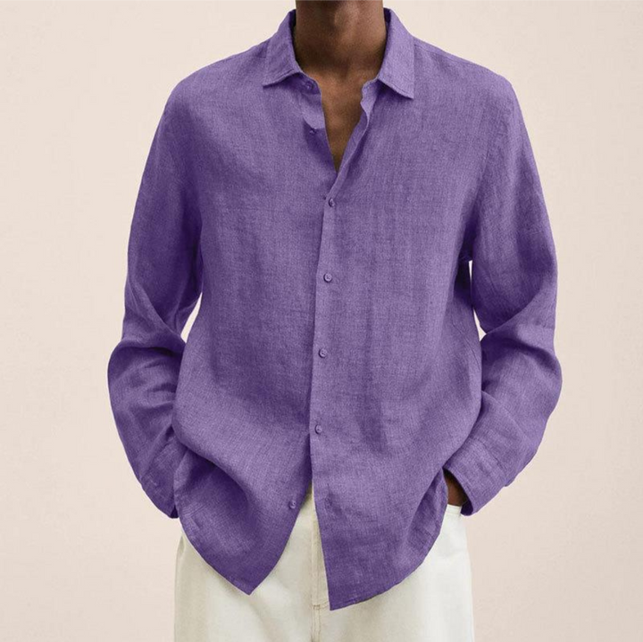 Stylish men's long-sleeve button-up shirt, paired casually for everyday wear, modern menswear.