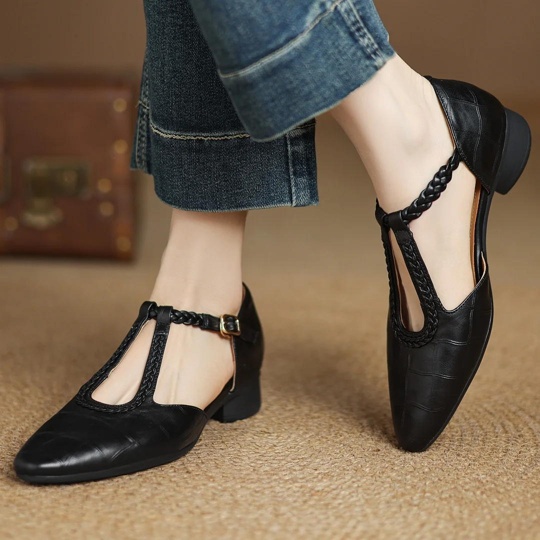 Brown soft leather Mary Jane flats, women's vintage comfort shoes, low heel everyday wear, classic design.