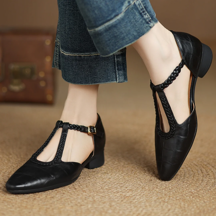 Brown soft leather Mary Jane flats, women's vintage comfort shoes, low heel everyday wear, classic design.
