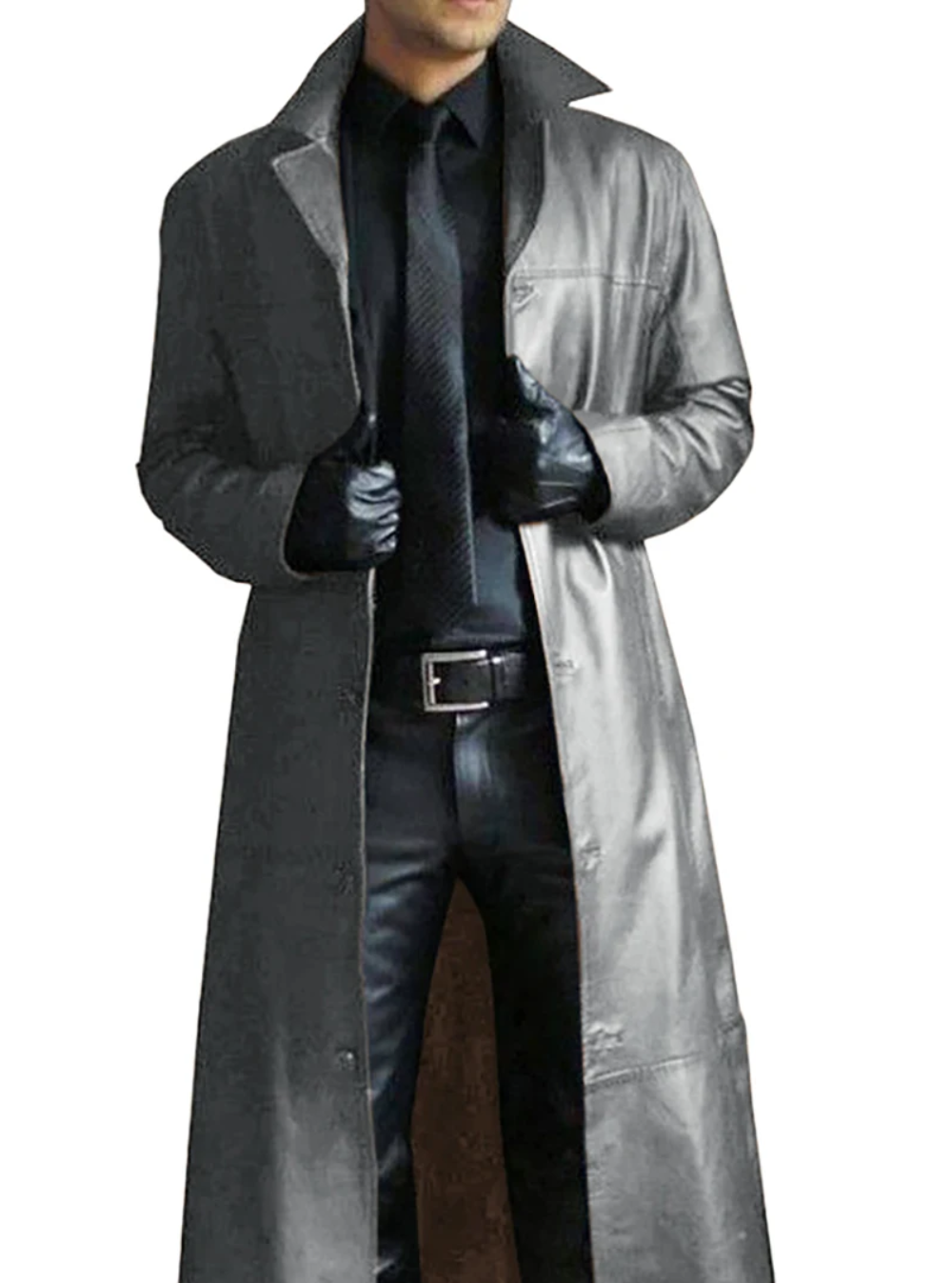 Formal men's black long coat, classic design, chic outerwear for a sharp look.