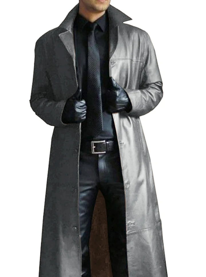 Formal men's black long coat, classic design, chic outerwear for a sharp look.