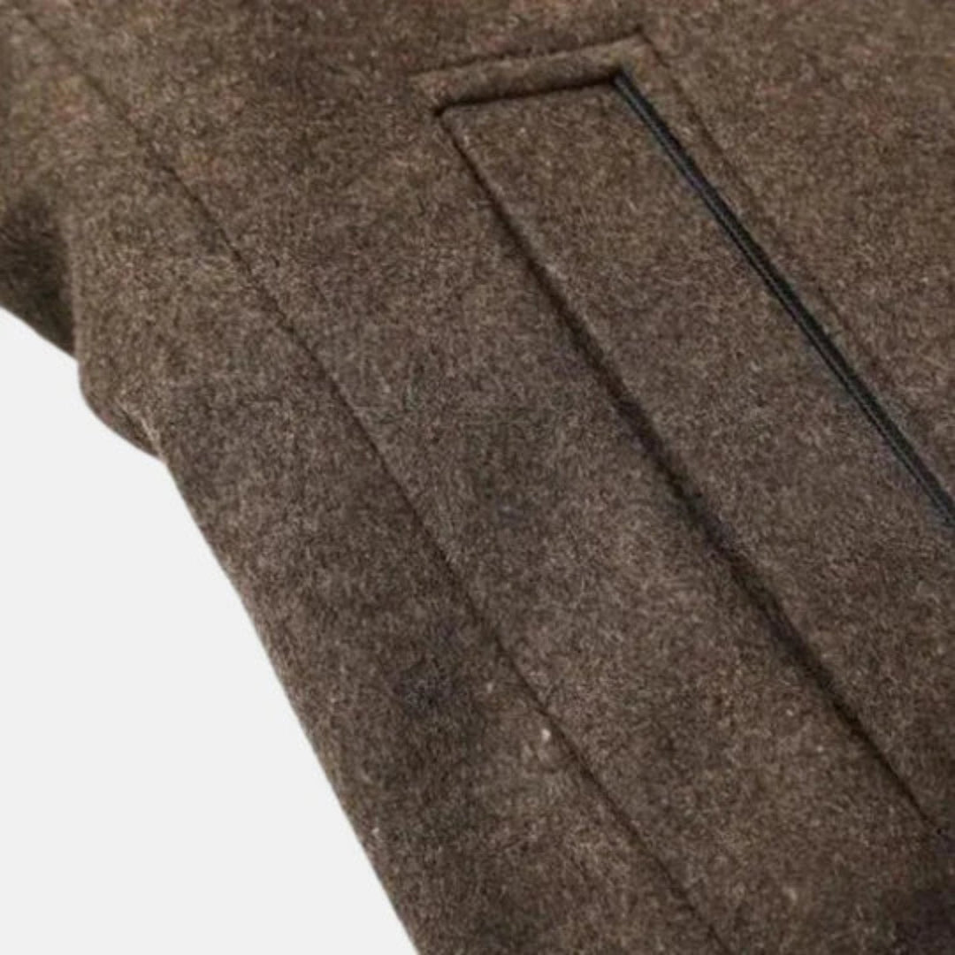 Stylish men's fall overcoat, mid-length with a sharp stand collar, for modern outerwear.