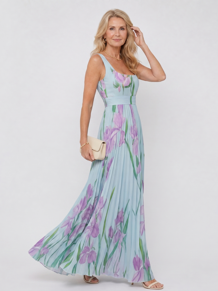 Back view of a women's elegant pleated sleeveless midi dress with square neck, perfect for summer.
