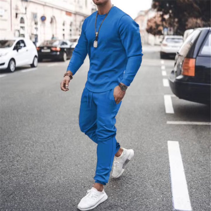 Comfortable men's cotton loungewear set; relaxed fit long sleeve shirt and matching pants for everyday wear.