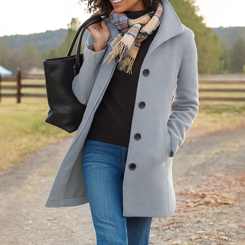 Elegant women's classic long coat, perfect for versatile office wear or stylish everyday fall & winter fashion.